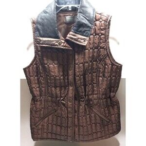 Casual Identity Quilted Puffer Vest Copper Faux Leather Collar Drawstring Waist